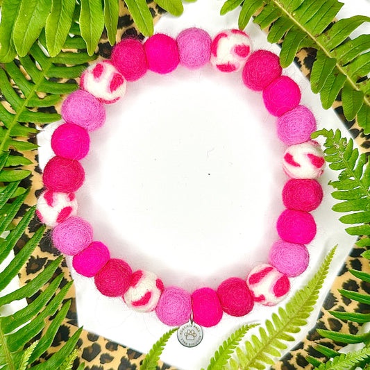 Pink Leopard Pom Pom Collar